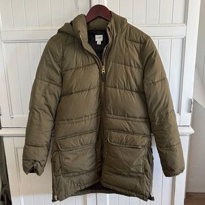 J. Crew Olive Green Hooded Puffer Coat